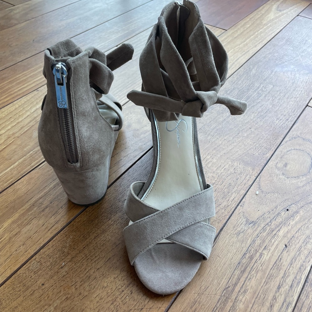 Jessica Simpson Taupe Suede Ankle Tie Wedge Sandals